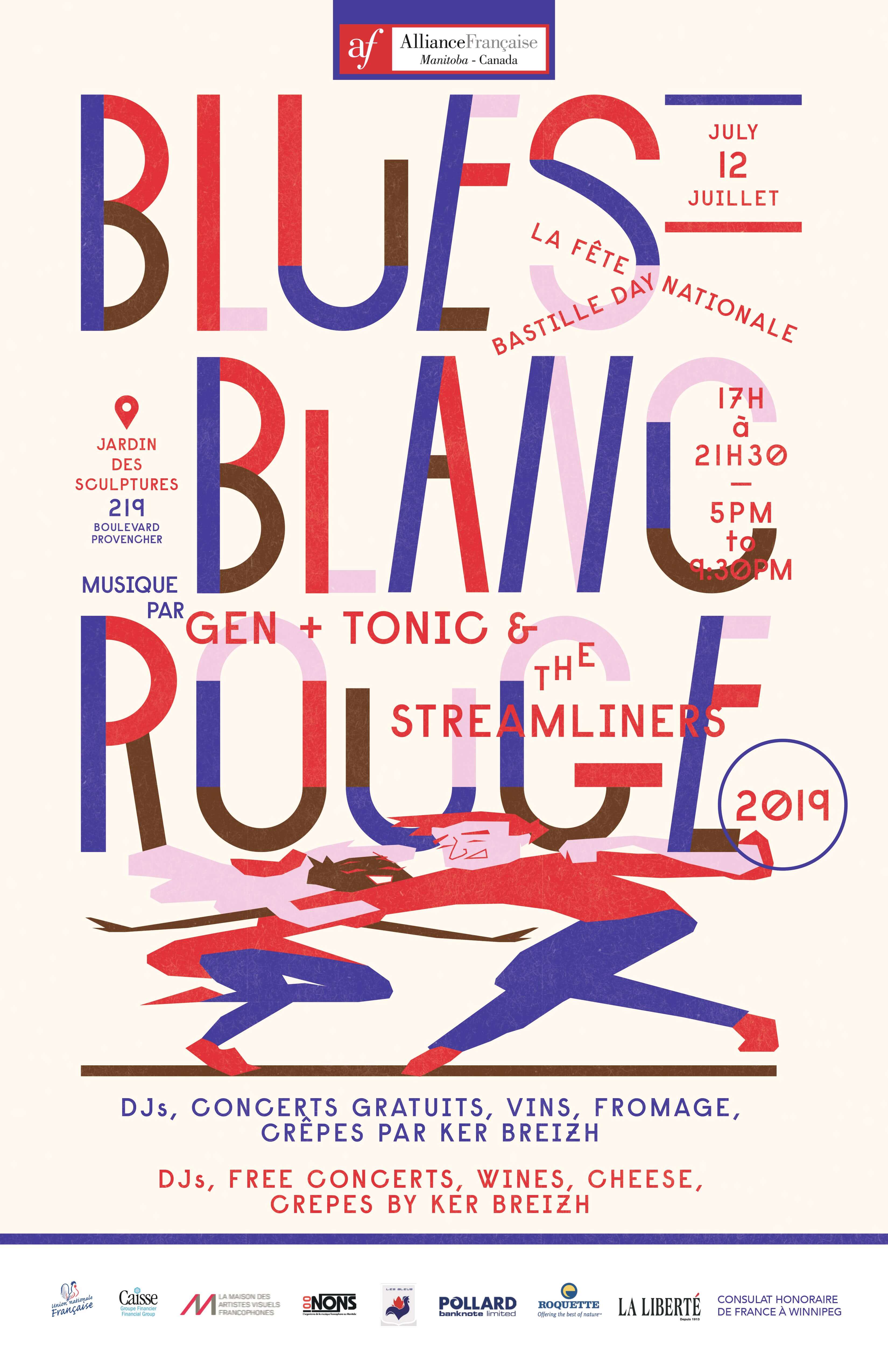 Poster Blues Blanc Rouge 2017 14 juillet - picture of a microphone and leaves - practical information